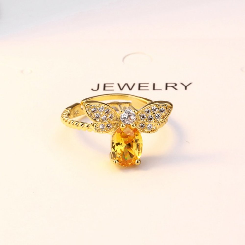 NEW 18K Gold Citrine Diamond Bee Adjustable Ring - Picture 4 of 5